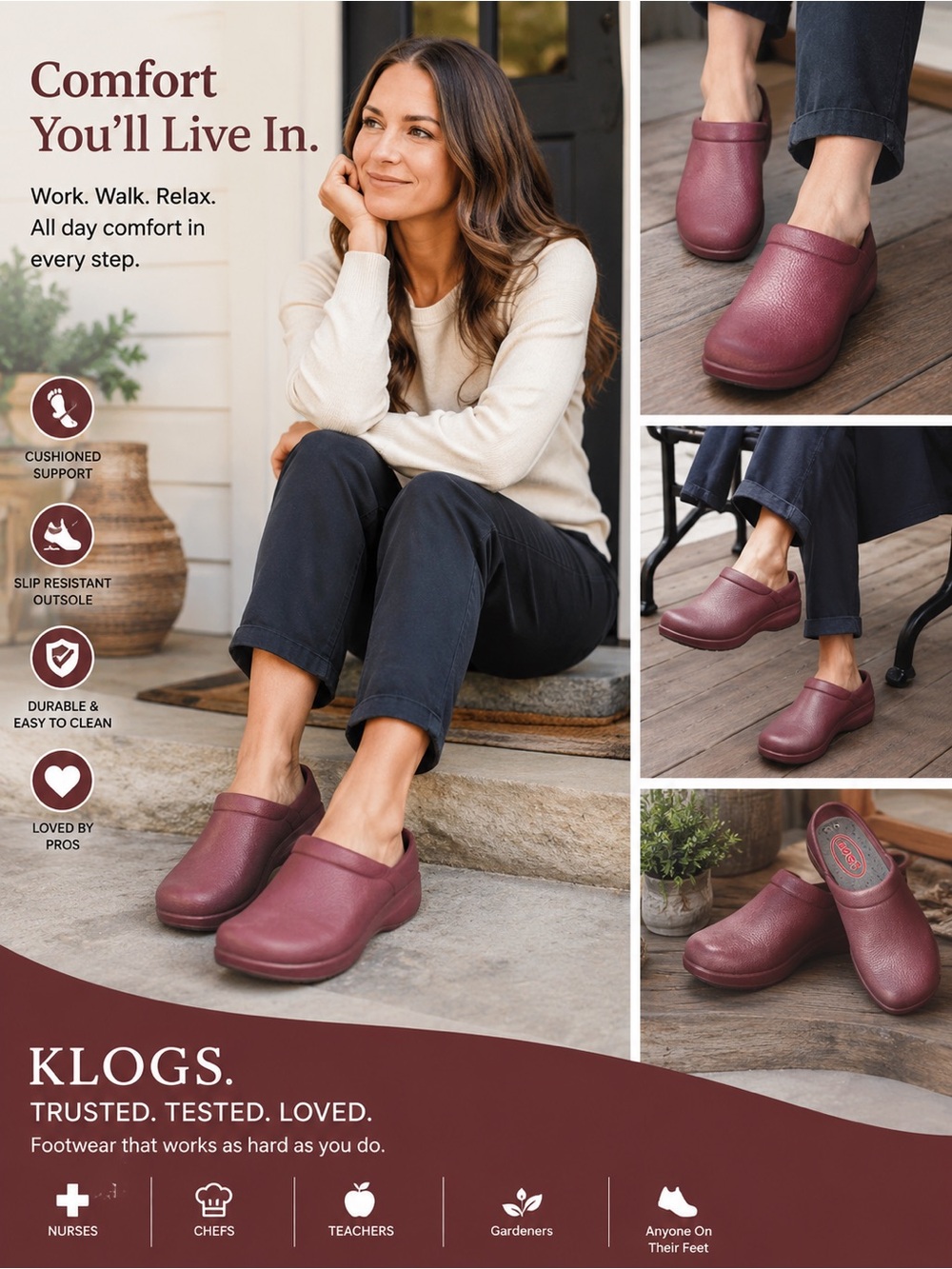 KLOGS Burgundy Comfort Clogs Slip Resistant Nursing Work Shoes MED